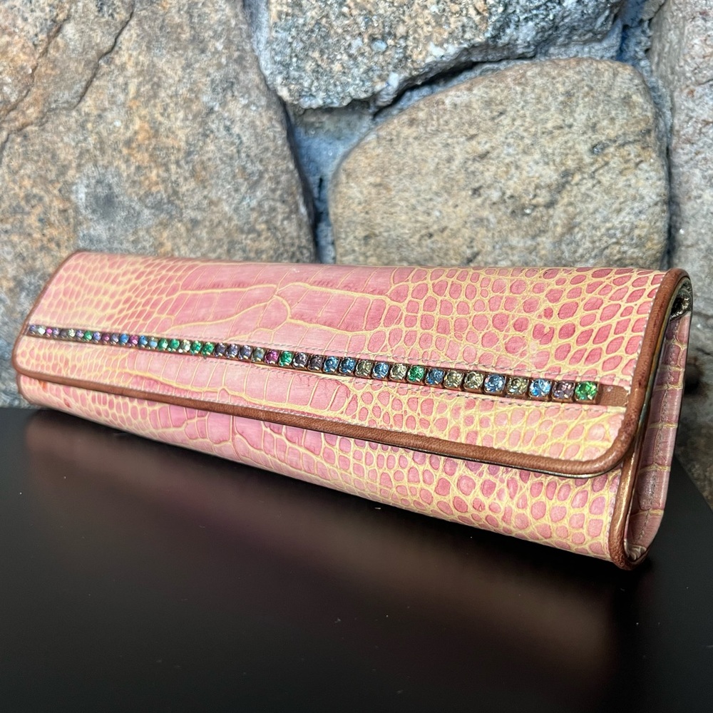 Extremely Rare Carlos Falchi Rose Croco Leather clutch w Rhinestones inlay Y2K